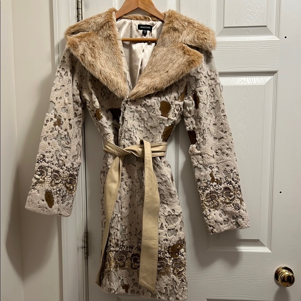 Bebe Brown and Cream Leather and Rabbit Fur Coat